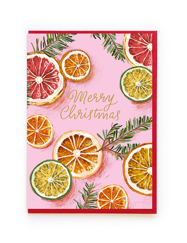 Card Oranges On Pink Christmas