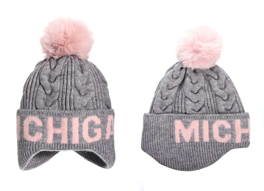 Michigan Gray & Pink Cable Knit Pom Hat