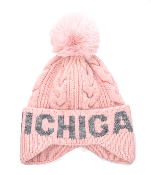 Michigan Pink Cable Knit Pom Hat